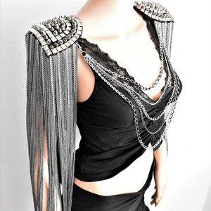 Long  Grey Tassel Epaulette , Silver Stud Gothic Epaulette,Festival Outfit,Gray Fringe Epaulet,Gothic Outfit,Holleween Costume ,// GIA