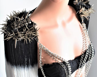 Black Dip Dyed Tassel,Spiked Epaulette ,Black White Tassel Epaulette,Festival Clothing,Halloween Costume//TYKHE