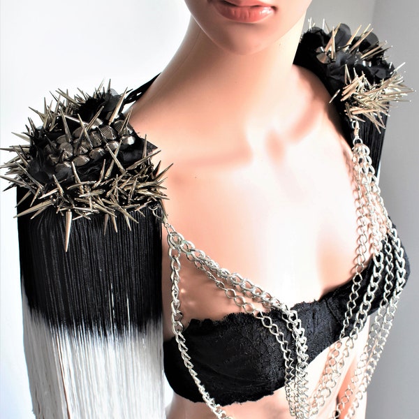 Black Dip Dyed Tassel,Spiked Epaulette ,Black White Tassel Epaulette,Festival Clothing,Halloween Costume//TYKHE