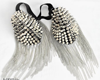 Silver Studded Epaulette,Silver Chain Tassel ,(Gold Optional),Party Outfit, Festival Clothing,Night Club Outfit,Tassel Accessories // EFES