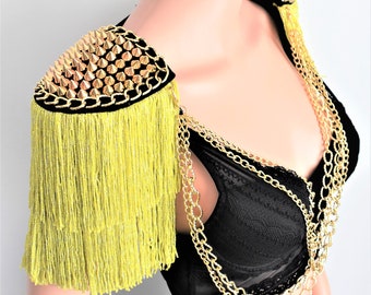 Lime Fringe Epaulettes,Lime Festival Outfit,Gold Spiked  Epaulettes,Lime Shoulder Ornament,Cabaret Outfit,Lime Fringe Tassel//LIZBON