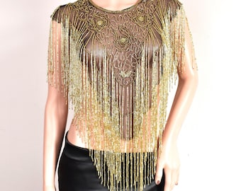 Gold Embroidered Beaded Cape,Shoulder Accessory,1920s Inspired, Beaded Fringe Bohemian Shrug