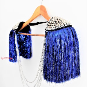 Blue Lurex Tassel Epaulette,Silver Studded Epaulettes,(Gold stud Optional),Festival Clothing,Metalic Lurex Tassel//RIVER