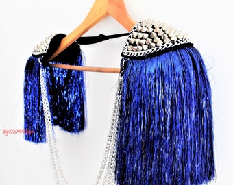 Blue Lurex Tassel Epaulette,Silver Studded Epaulettes,(Gold stud Optional),Festival Clothing,Metalic Lurex Tassel//RIVER