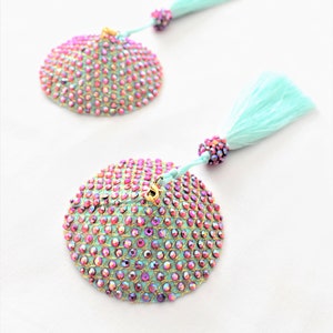 Mint Green Burlesque Pasties, With Tassel,Rhinestone  Nipple Cover,Burlesque Nippies,Turquoise Burlesque Pasties,Mint Green Nipple Jewelry