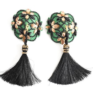 Green Nipple Pasties,Burlesque Pasties, Floral  Nipple Cover With Black Tassel,Cabaret,Party Accessories,Rhinestone Nipple Pasties,Nippies
