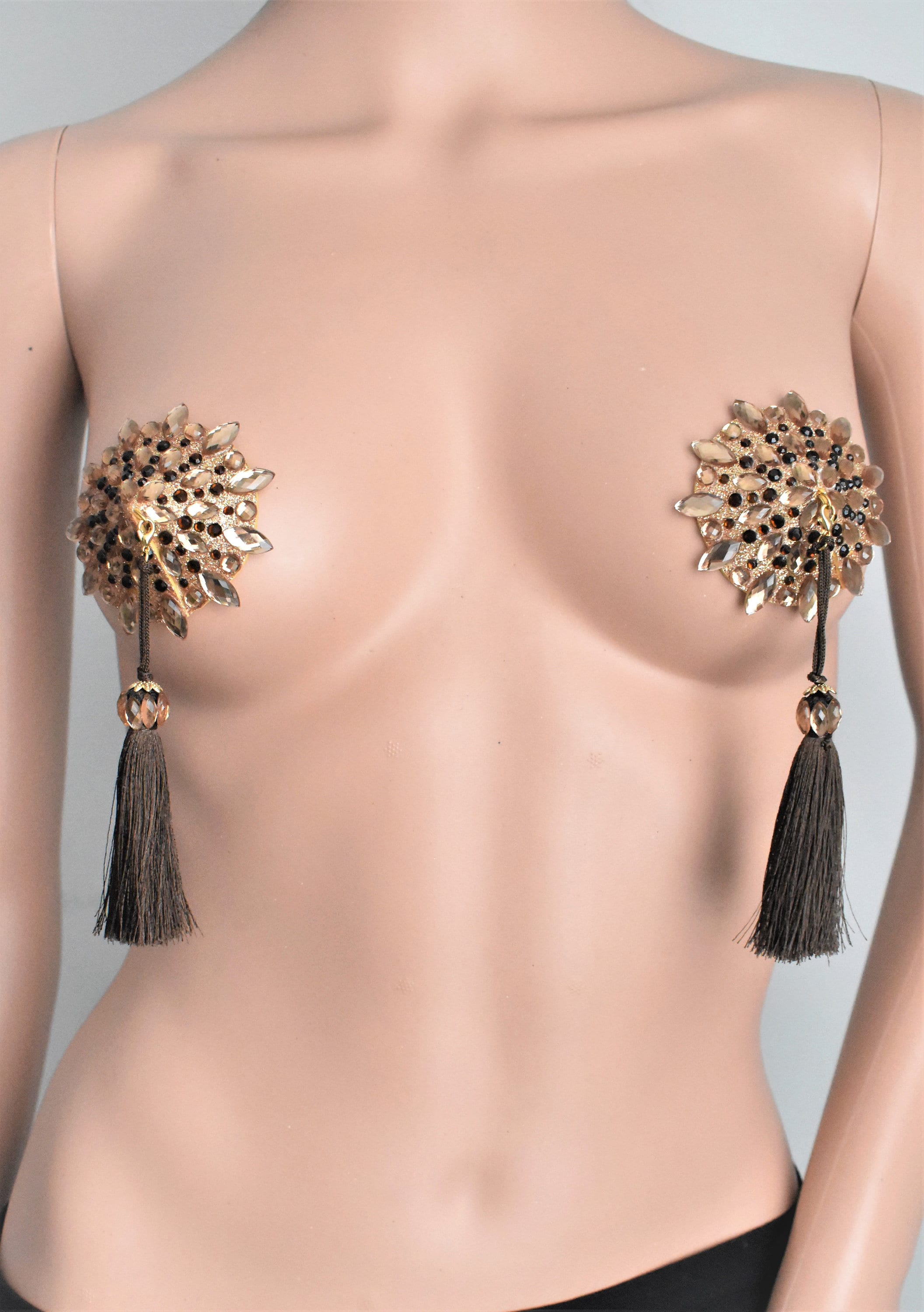 StyleWanderlustUSA Yellow & Gold Beaded Pasties with Metallic Tassels / Burlesque Nipple Covers #30308