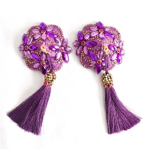 Purple Nipple Pasties,Burlesque Pasties, Floral  Nipple Cover With Purple Tassel,Cabaret,Party Accessories,Rhinestone Nipple Pasties,Nippies
