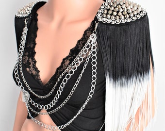 Black Dip Dyed Tassel,Silver Studded Epaulette,Black White Tassel,Fetival Epaulette,Festival Outfit,Black White Tassel,Party Outfit//NOBLE