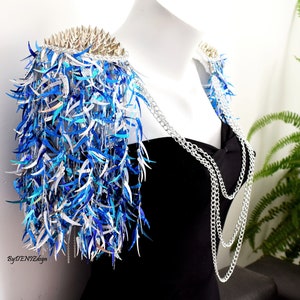 Blue Sequin Fringe Epaulettes,Blue Tassel  With Silver Stud,Sequin Tassel Epaulette,Festival Clothing //THETIS