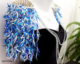 Blue Sequin Fringe Epaulettes,Blue Tassel  With Silver Stud,Sequin Tassel Epaulette,Festival Clothing //THETIS