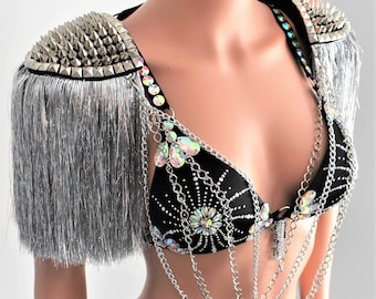 Metalic Silver lurex Tassel Epaulettes,Stud Epaulettes With Silver Chain ,Festival Outfit,Party Outfit,Festival Outfit/SPACE
