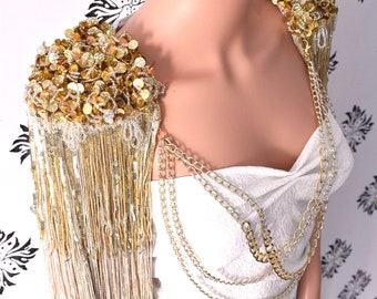 Gold Bridal Epaulette,Light Gold Festival Outfit,Stage Outfit,Gold Tassel, Festival Clothing,Sequin Outfit,Bridal Shoulder Ornament//KHRYSOS