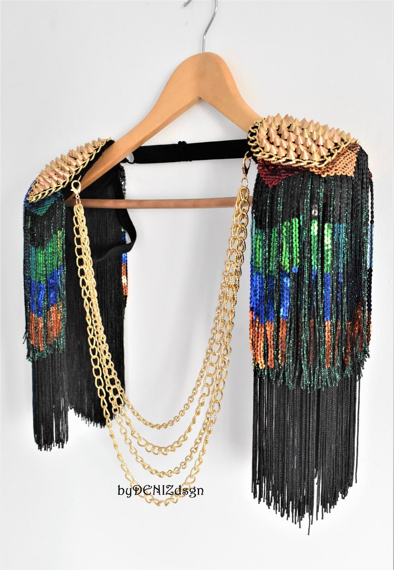 Rainbow Sequin Tassel,Colored Epaulette,Party Accessories,Carnival Tassel Epaulette,Gold Stud Epaulette // GELOS image 2