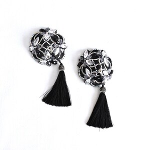 Black Nipple Pasties,Burlesque Pasties, Floral  Nipple Cover With Black Tassel,Cabaret,Party Accessories,Rhinestone Nipple Pasties,Nippies