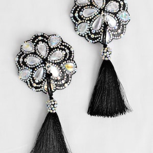 Iridescent Nipple Pasties,Burlesque Pasties, Beaded Nipple Cover With Black Tassel,Cabaret,Party Accessories,Rhinestone Nipple Pasties