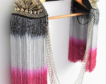 Fushia Dip Dyed Tassel Epaulette,Silver Stud Epaulettes,(Gold stud & Chain optional)  Fushia and Gray Festival Clothing//RIO