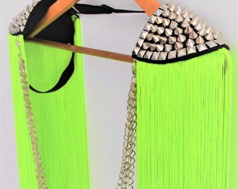 Neon Green Tassel Epaulette,Green Long Tassel With Silver Stud,(Gold Stud & chain Opti.)Festival Outfit,Festival Outfit//DAIMON