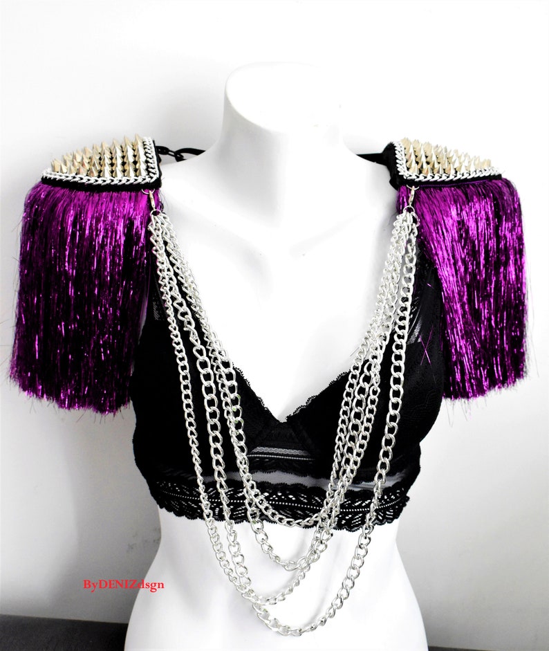 Purple Tassel,Silver Studded Epaulette With Purple Lurex,Gold Stud & chain Optional,Festival Clothing,Party Outfit//GAYA image 9