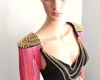 Hot pink Tassel Epaulette,Lurex Tassel Epaulette,Festival Outfit,Stage Costume,Long Tassel Epaulette,Pink Tassel Epaulette,Lurex Tassel