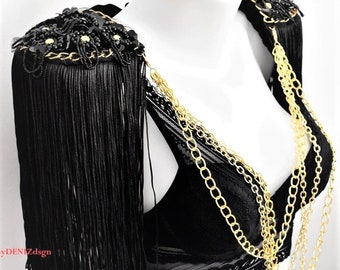 Gothic Epaulette With Black Tassel,Gold Chain Epaulette,Shoulder Jewelry,Gothic Outfit,Festival Clothing,//GOTHICA