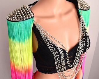 LGBTQ Festival Outfit,Rainbow Fringed  Festival Set,Epaulet and Skirt Tassel Set,Set Of Festival Outfit,Long Tassel Epaulette Set With Skirt