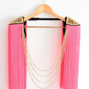 Hot Pink Tassel Epaulette,Long Tassel Epaulette With Gold Studded,Sugar Pink Tassel,Festival Clothing,Stage Outfit,Party Outfit//HERA GOLD