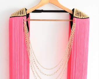 Hot Pink Tassel Epaulette,Long Tassel Epaulette With Gold Studded,Sugar Pink Tassel,Festival Clothing,Stage Outfit,Party Outfit//HERA GOLD