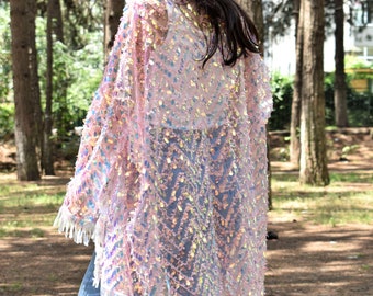 Iridescent Pink Sequin Kimono,Rave  Sleeve Cardigan,Tulle Sequin Kimono,Holographic Pink Iridescent Kimono, Bridal Kimono,Festival Kimono