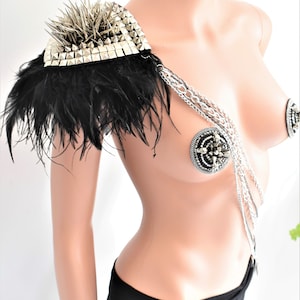 One Side Shoulder Feather Epaulette With Chain,Silver Spiked Epaulette,Black Feather Epaulettes,Shoulder Accessories/ARES