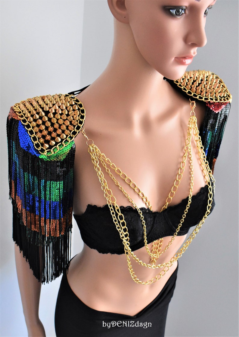 Rainbow Sequin Tassel,Colored Epaulette,Party Accessories,Carnival Tassel Epaulette,Gold Stud Epaulette // GELOS image 1