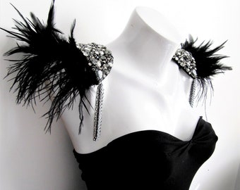 Black Feather Epaulette,Mix Beaded Feather Epaulette With Chain Tassel,Beaded Shoulder Ornament,Feather Epaulettes, Shoulder Jewelry //STARK