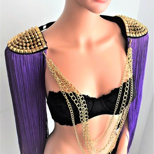 BRONTES // Lange Quaste Epaulette, Royal Purple Quaste mit Goldniete, (Silberniete Optional), Festival Outfit, Festival Kleidung, Festi Outfit