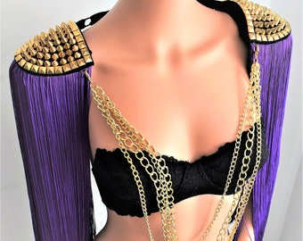 BRONTES//Long Tassel Epaulette, Royal Purple Tassel With Gold Studded,(Silver stud Optional),Festival Outfit,Festival Clothing,Festi outfit