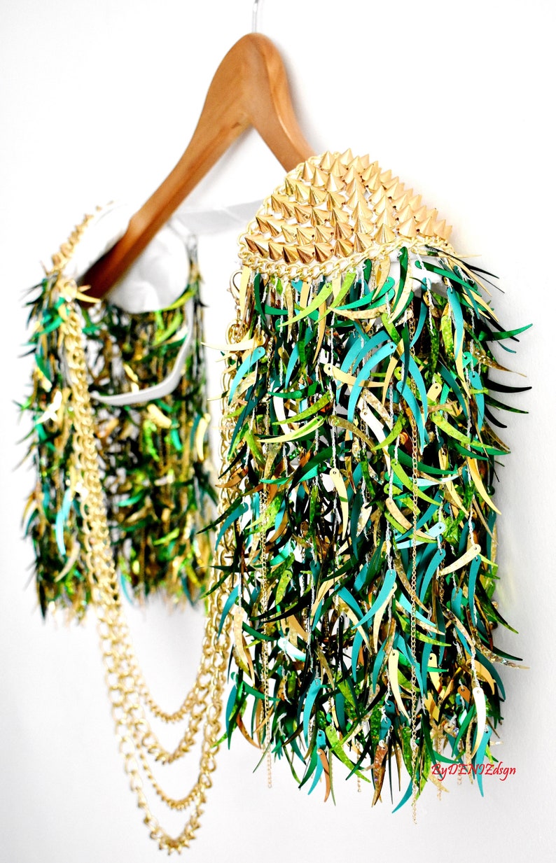 Mix Green Sequin Tassel,Studed Epaulette,Festival Clothing,Sequin Epaulette,Party Outfit,Shoulder Jewelry image 2