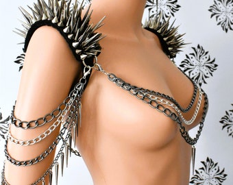 Gun Metal Shoulder Jewelry,Gun Metal Chained Shoulder Jewelry,Gothic Shoulder Epaulettes,Punky Jewelry,A pair of Spiked Earrings are GIFT!!