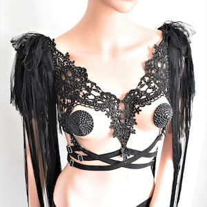 Gothic Harness Top,Rava Tassel Shoulder Ornament,Burlesque Outfit,Sexy Body Lace Bustier,Gothic Outfit,Harness Outfit With Nipple Pasties
