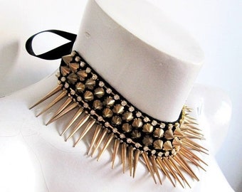 Gold Studded Choker,Spiked Collar,Piece Gothic Neck Accessories, Gold Collar,(silver Optional) ,Party Outfit,Biker Outfit,Fest Wear // CELLA