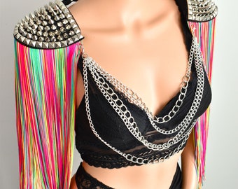 Long Rainbow Tassel Epaulettes,(Gold stud & chain Optional),Rava Tassel,Rava Clothing, Festival Outfit//KUBA SILVER