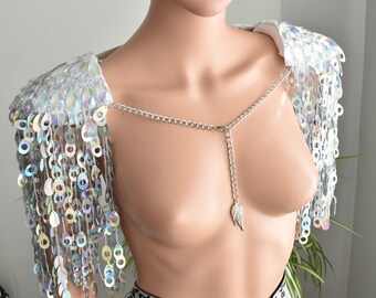 Hologram Sequin Fringed Epaulette,Iridescent Tassel Epaulette,Festival Outfit,Glowing Sequin Epaulet,Rava Girls Outfit,Sequin Tassel Epaulet