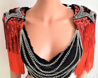 Red Tassel Epaulette,Red Sequin Tassel,Festival Clothing,Carmen Red Tassel,Part Outfit,Festival Outfit,Star Epaulette,Red Tassel// ROCK STAR