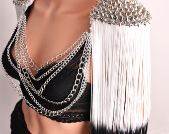 Long White and Black Dip Dyed Tassel Epaulette,Festival Outfit,Long Tassel Epaulette,Shoulder Jewelry, Epaulette,Black White Festival Outfit