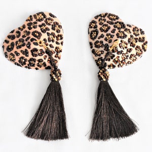Leopard Burlesque Pasties,Brown Nipple Pasties,Leopard Nipple Cover WithTassel,Burlesque Outfit,Rhinestone Nipple Pasties,Nipple Cover