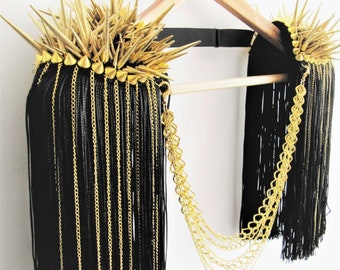 Gold Stud Tassel,Black Fringe Epaulettes,Festival outfit,Gold Chain Tassel, //MYTHOS