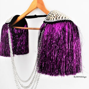 Purple Tassel,Silver Studded Epaulette With Purple Lurex,Gold Stud & chain Optional,Festival Clothing,Party Outfit//GAYA image 3