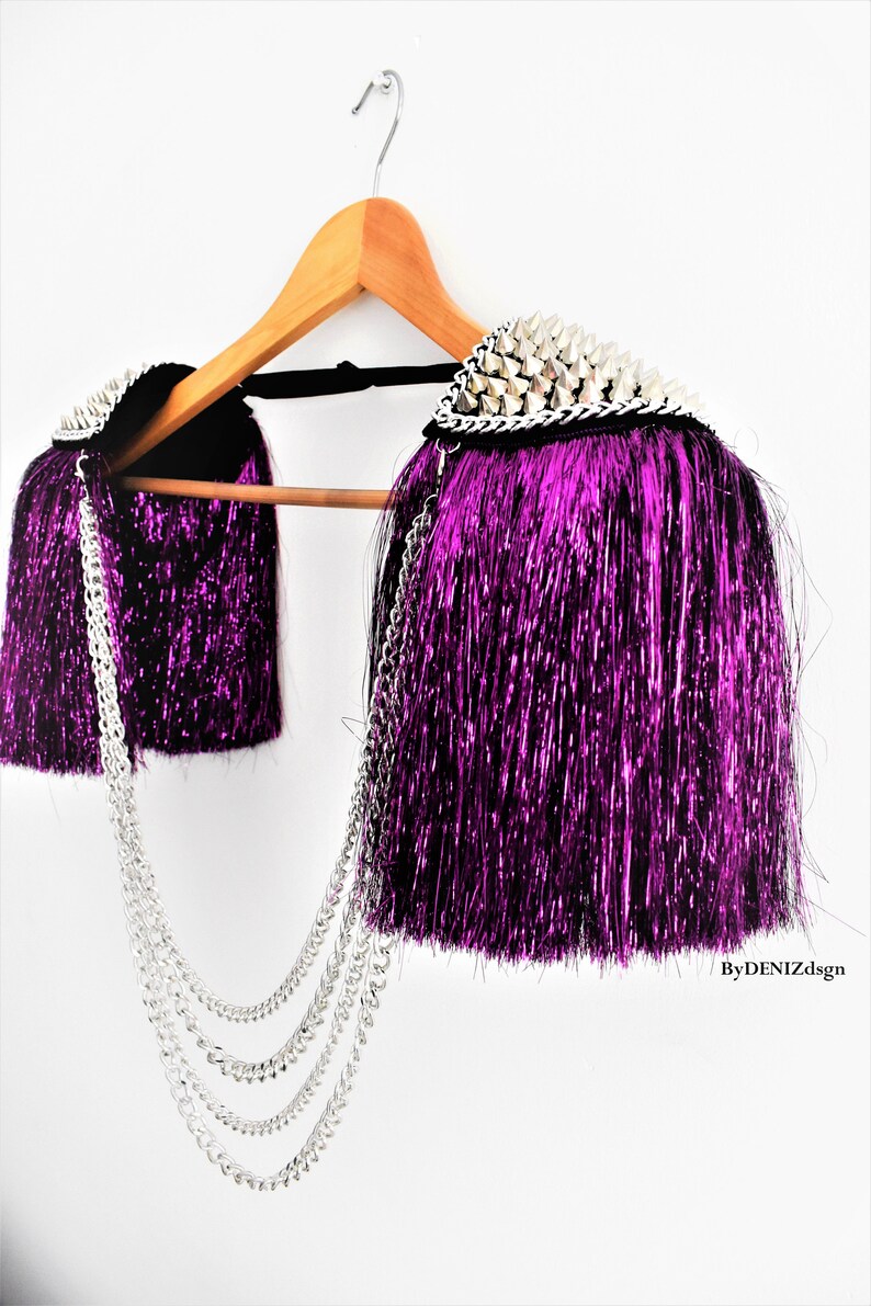 Purple Tassel,Silver Studded Epaulette With Purple Lurex,Gold Stud & chain Optional,Festival Clothing,Party Outfit//GAYA image 3