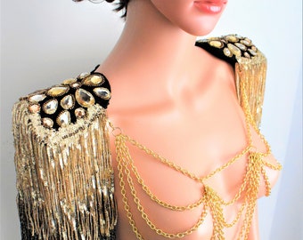 Gold Rave Tassel Epaulette,Gold Beaded Epaulettes,Bridal Epaulettes,Cabaret Outfit,Show Outfits,Tassel Festival Clothing,Party Outfit// SOUL