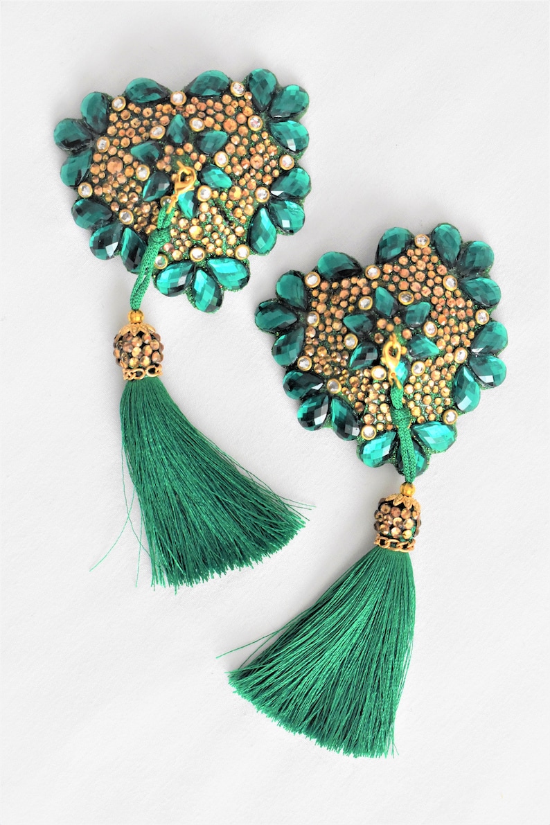 Buy Green Rhinestone Heart Nipple Pasties: Burlesque Tassel Nippies