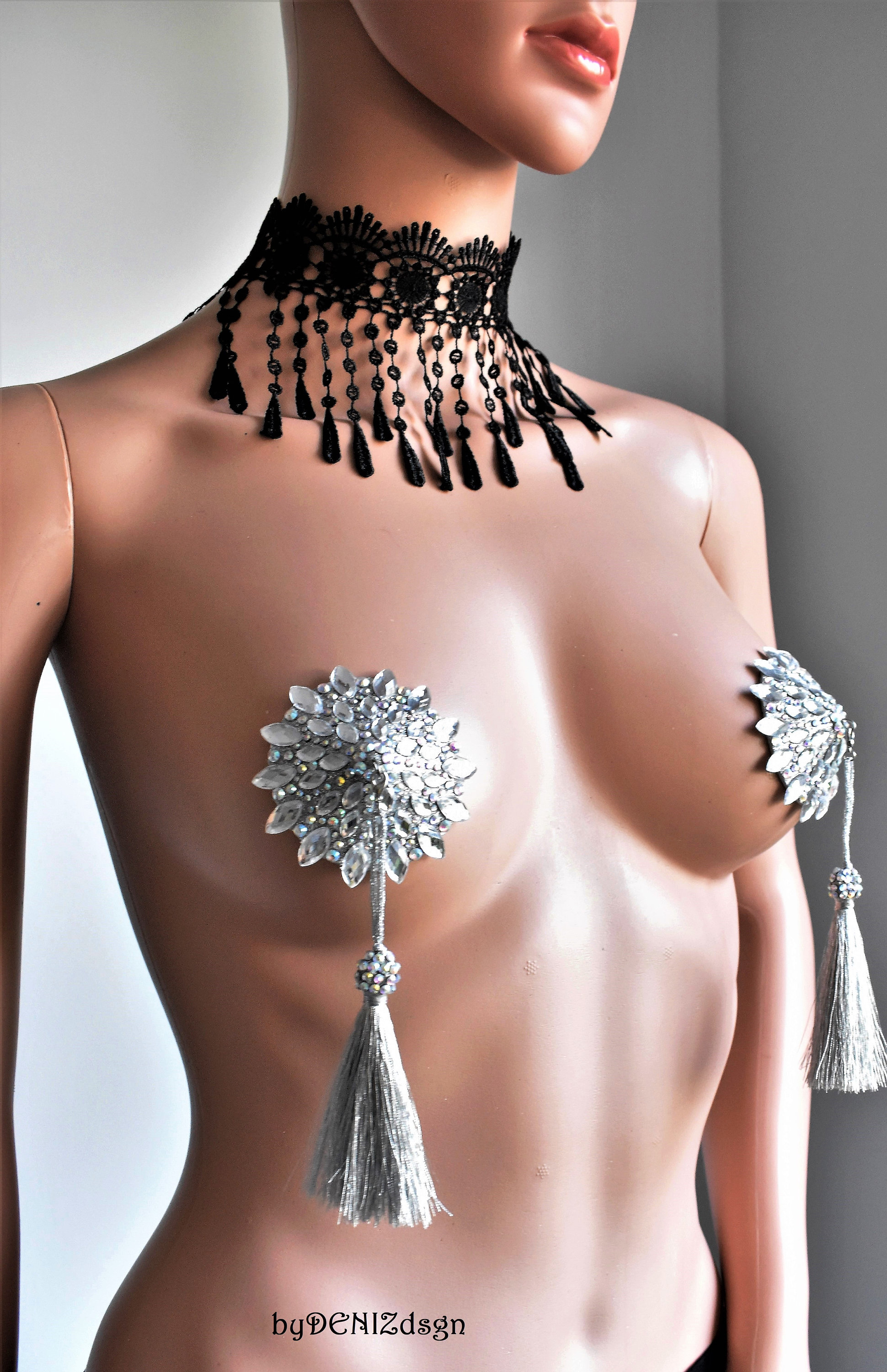 BLONDE AMBITION Rhinestone Silver Conical Pasties, Nipple Covers (2pcs) for  Lingerie Burlesque Raves Festivals and More