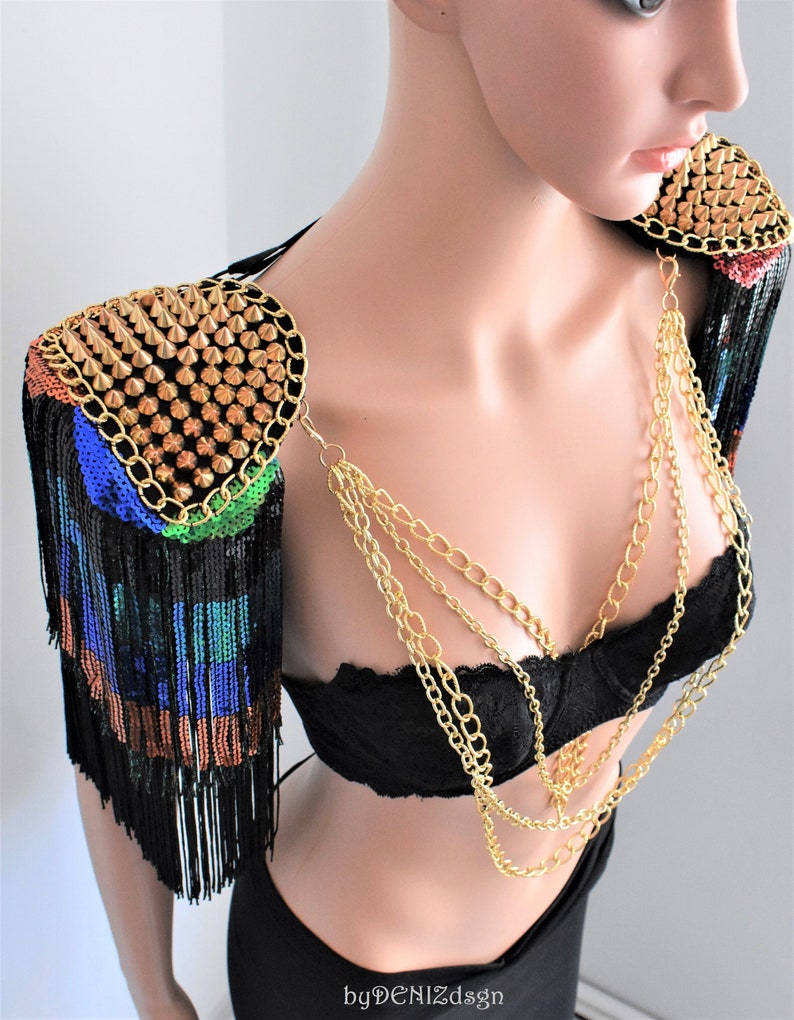 Rainbow Sequin Tassel,Colored Epaulette,Party Accessories,Carnival Tassel Epaulette,Gold Stud Epaulette // GELOS image 6